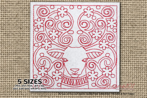 Deer Face with Abstract Design Redwork
